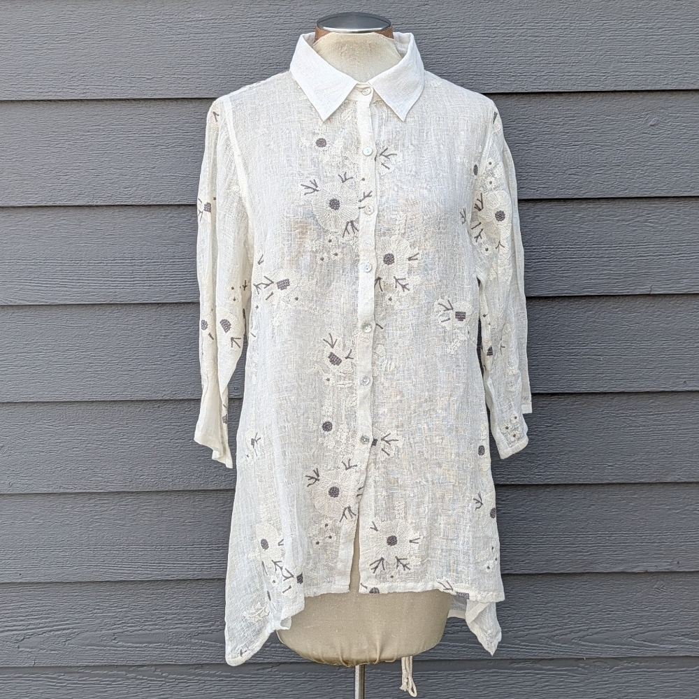 nwt PAPER LACE gauzy embroidered linen tunic shirt L